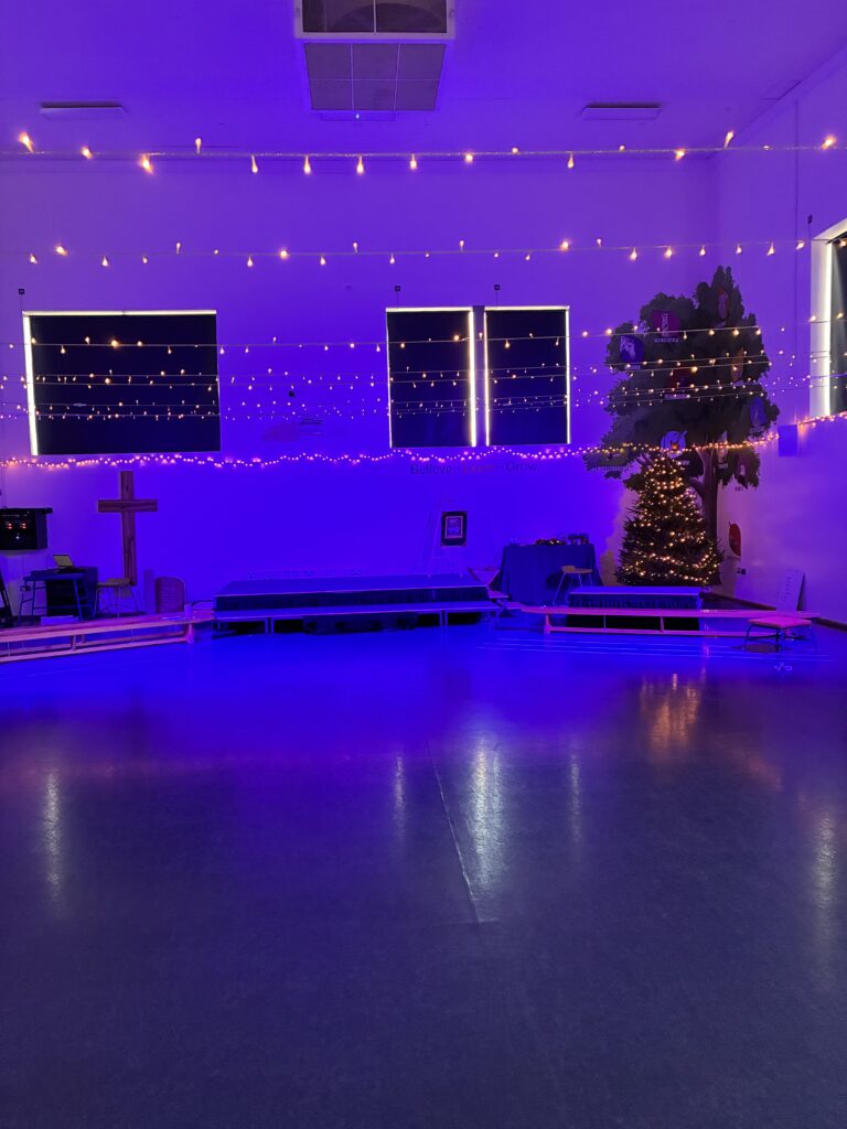 Blue wash lighting in the hall at Ridgeway Farm C of E Primary School